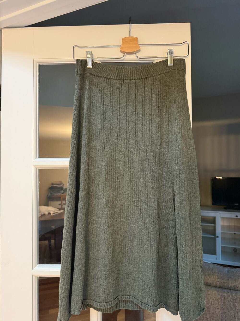 Free People Ribbed Knit Midi Skirt in Olive Green